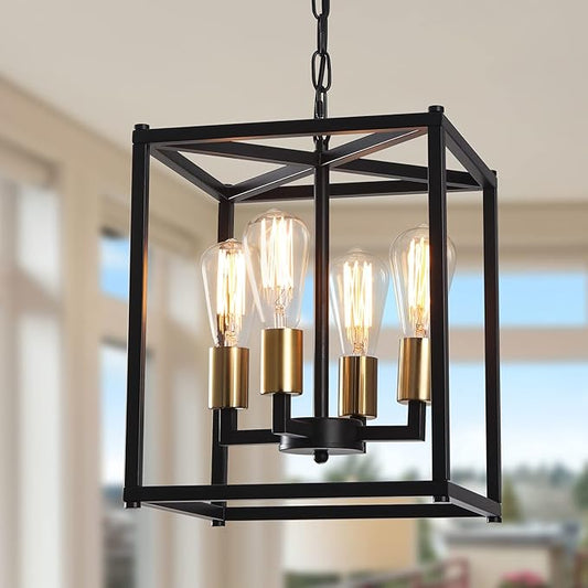 Lantern Pendant Light, 4-Light Gold Chandelier,Modernized Ceiling Hanging Light Fixture for Bedroom Kitchen Island Foyer Living Room Dining Room Hallway