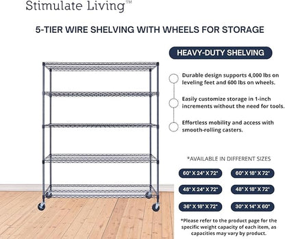 60"x18"x72" Prime Heavy Duty Black 5-Tier Wire Shelving NSF 4000 LBS MAX Capacity Storage Rack for Commercial, Hospital, School, Garage, and Kitchen Uses (with Wheels)
