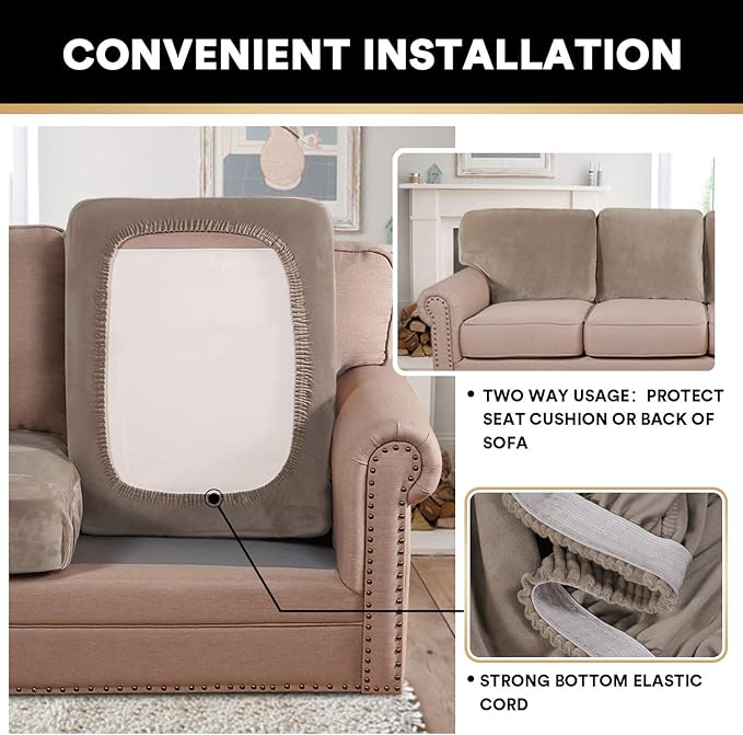 PrinceDeco Velvet Sofa Cushion Covers, Stretch Couch Cushion Covers for Individual Seat Couch Slipcover Sets Furniture Protector for Loveseat Sofa Cushion Width Up to 29.5", Taupe