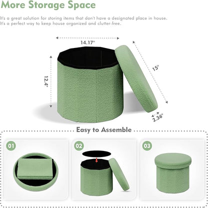 B FSOBEIIALEO Storage Ottoman Cube, Round Ottomans with Storage Foot Stool Footrest for Lving Room, Boucle Ottoman Seat for Dorm Room,Faux Teddy Fur, Green 15"x15"x15"