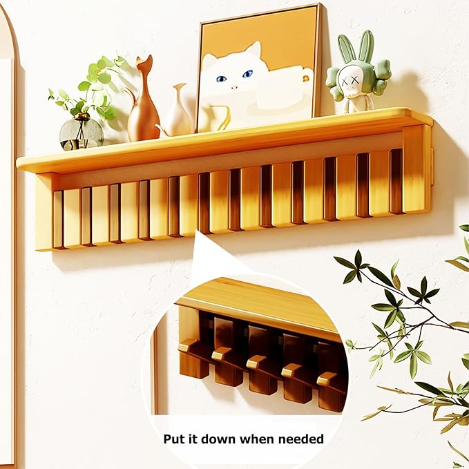 Wall Mounted Piano Key Hanger | Flip Style Hook | Entrance Wall Art Hook, Made of Oak Wood (3 Times Painted, 4 Times Polished) (Tray Beech, 4Hooks)