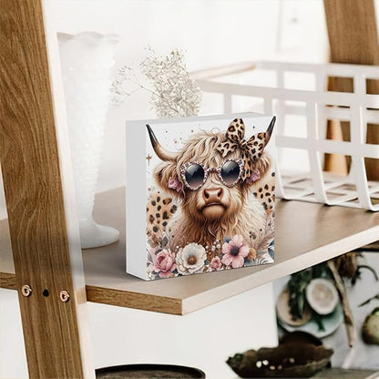 Highland Cow Decor, Highland Cow Gifts for women, Cow With Leopard Bow, Highland Cow Nursery Decor, Wooden Box Decor Sign for Home Farmhouse Office Living Room Table Shelf