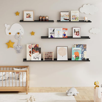 Picture Ledge Shelf for Wall, Floating Shelves Set of 4, 48 Inch Long Nursery Book Shelves for Toys Storage, Kids Bookshelf Wall Mounted for Books Photo Frames, Black