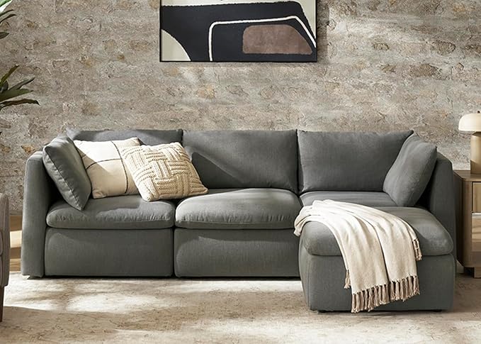 mopio Oversized Modular Sectional Sofa with Fully Removable Covers and Storage, Convertible U, L-Shaped and Sleeper Sectional, Modern Couches with Ottoman Chaise (Stone Gray Fabric, 4 Seats, L)