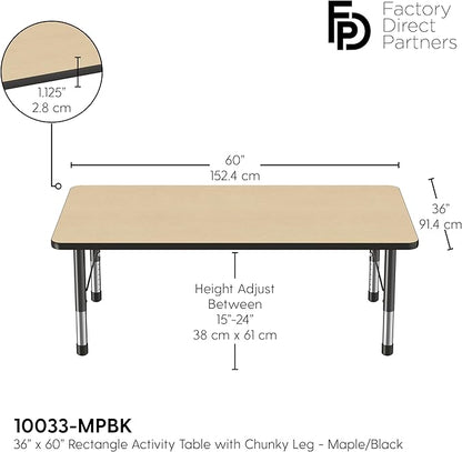 Factory Direct Partners FDP Rectangle Activity School and Classroom Kids Table (36 x 60 inch), Toddler Leg, Adjustable Height 15-24 inches - Maple Top and Black Edge