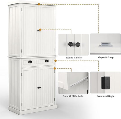 ARTPOWER 72" Tall Kitchen Pantry Storage Cabinet with Drawer and Adjustable Shelves, Pantry Cabinet for Kitchen, Bathroom or Hallway, White