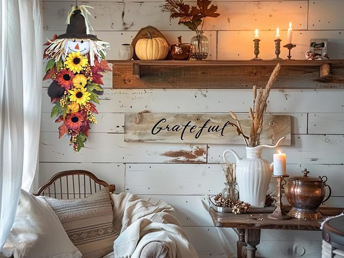 24" Rustic Fall Scarecrow Teardrop Swag – Farmhouse Sunflower & Pumpkin Wreath – Autumn Harvest Hanging Decor for Front Door, Wall, Porch, Indoor/Outdoor