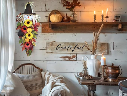 24" Rustic Fall Scarecrow Teardrop Swag – Farmhouse Sunflower & Pumpkin Wreath – Autumn Harvest Hanging Decor for Front Door, Wall, Porch, Indoor/Outdoor
