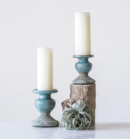 Creative Co-Op Large Distressed Blue Terracotta Pillar Candle Holder