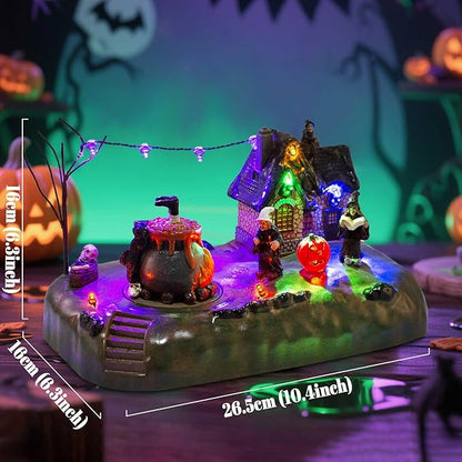 Halloween Village Witch Cauldron Bubble Figurine with Lit House Spooky Town Indoor Decoration Accessories for Holiday Display, Battery Operated