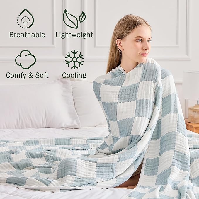 EMME Checkered Cotton Blanket Twin Large 60"x80" 100% Muslin for Couch Breathable Cooling Gauze All Season Soft and Lightweight (Teal)