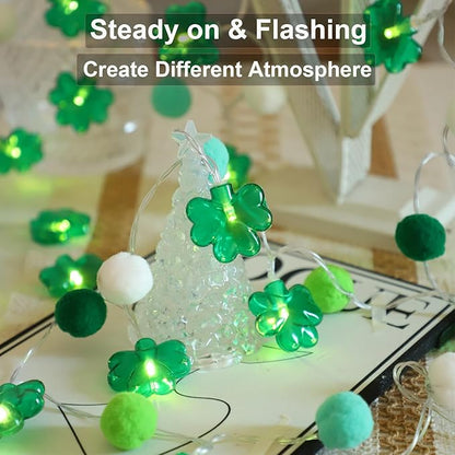 9.85Ft St Patricks Day Lights Garland 20 Pompoms 20 LEDs Green Lucky Clover Lights Shamrock String Lights with Timer for Indoor Bedroom Party Bar Garden St. Patrick's Day Decoration Green Irish Decor