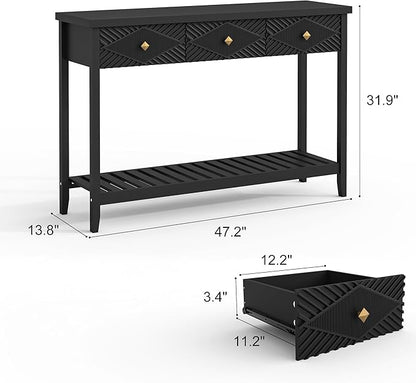 47" Console Table with 3 Drawers, Fluted Narrow Long Entryway Table with Storage Shelf, Accent Table for Entryway, Living Room, Behind Couch, Foyer, Hallway, Office