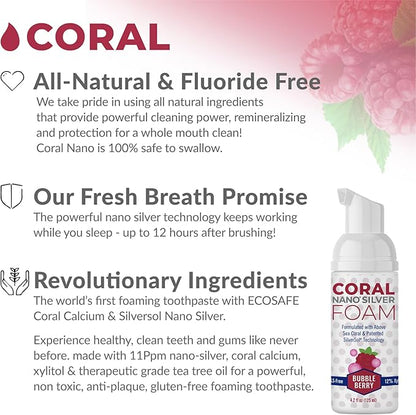 Coral Nano Silver Kids Fluoride Free Foaming Bubble Berry Coral Calcium Toothpaste, Natural Formula, SLS and Glycerin Free - 4 Ounce