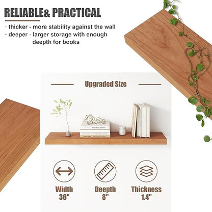 Floating Shelves for Wall, USA-Sourced Cherry Wood 36 Inch Long Wall Shelves Set of 2, Natural Wooden Wall Mounted Picture Ledge Shelf, Nursery Book Storage Shelf Kids Bookshelf, Display Shelf