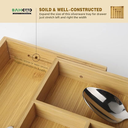 Expandable Bamboo Drawer Organizer – Large 20"x16.9" Size with Adjustable Dividers – for Kitchen Utensils, Knives, Cutlery, Flatware & Silverware Storage Tray