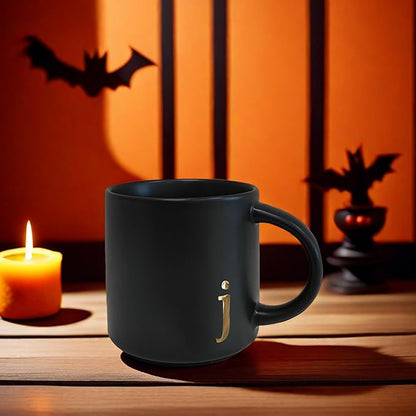 COLLECTIVE HOME - Black Monogram Ceramic Mugs, 15 oz Golden Initial Coffee Cups, Elegant Alphabet Tea Mugs, Personalized Halloween Mug with Gift Box, Perfect for Office and Home Décor (j)