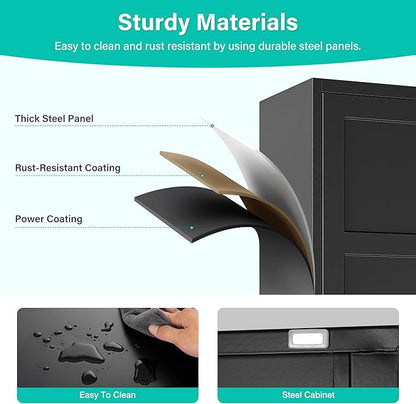 Metal Storage Cabinets with 2 Doors and 5 Shelves,Tall Storage Cabinet,Large Cupboard Closet,Pantry Storage Cabinet for Home,Office,Bathroom,Dining/Living Room (Black, 72" H)