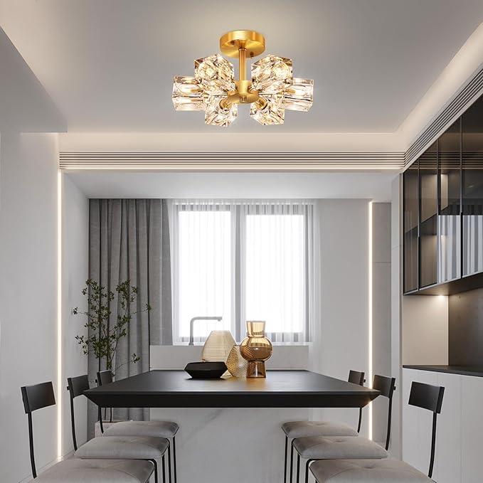 Semi Flush Mount Ceiling Light Fixture Modern 6 Lights Gold Crystal Chandelier,Brushed Nickel Sputnik Chandeliers for Hallway Entryway Bedroom Dining Room Farmhouse Kitchen Office