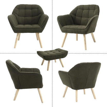 Modern Sherpa Accent Chair with Ottoman, Fluffy Upholstered Lounge Chair with Footrest, Comfy Living Room Side Boucle Armchair for Small Space Bedroom Apartment, Green