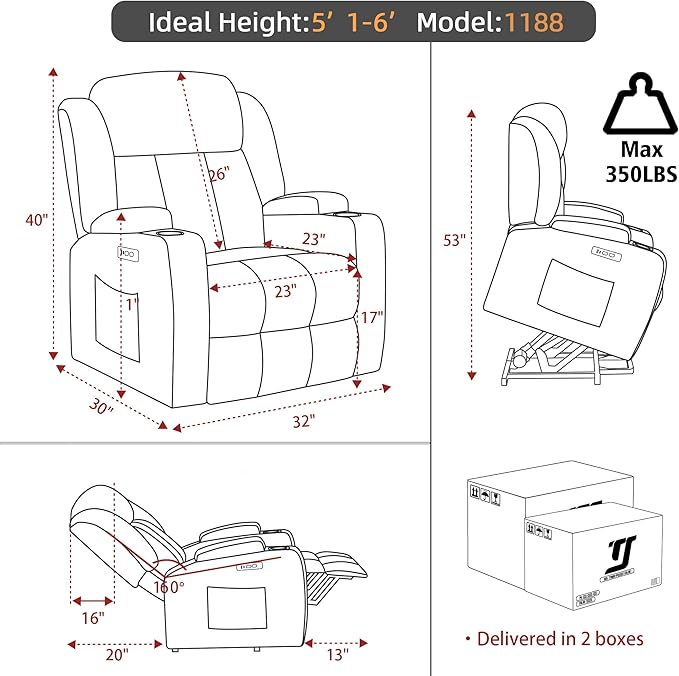 Power Lift Recliner Chair for Elderly with Massage and Heat, Reclining Sofa Chair with USB & Type-C Ports and Cup Holders, L1188(Brown)