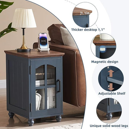 Narrow Side Table Set of 2,Farmhouse Nightstand with Charging Station,End Table with Glass Barn Door Storage, Cabinet Organizer with Adjustable Shelf, Night Stand for Small Spaces Living Room Bedroom