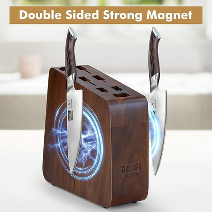 Magnetic Knife Block 10 x 9 Inches, Double Sided Magnetic Knife Holder and Kitchen Knife Organizer Storage, 7 Slots Acacia Wood Universal Knife Block for Chefs