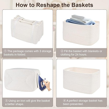3-Pack Shelf Baskets for Organizing, Woven Storage Basket for Shelves, Cotton Rope Storage Bins for Toys Books, Nursery Towel Baskets for Classroom, 14.96"X9.8"X8.85", White