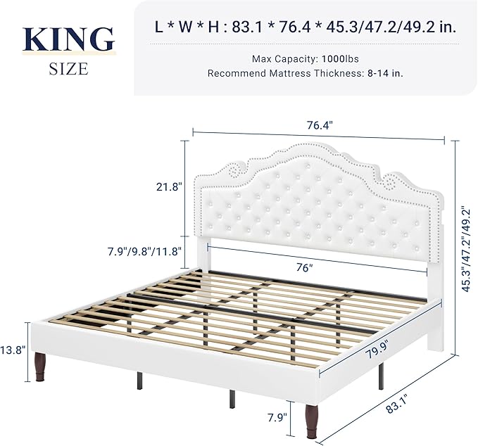 Allewie King Bed Frame with Adjustable Velvet Tiara Headboard, Upholstered Diamond Button Tufted Platform Bed, Wood Slats Support, No Box Spring Needed, Mattress Foundation, Easy Assembly, White