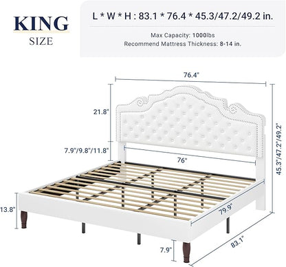 Allewie King Bed Frame with Adjustable Velvet Tiara Headboard, Upholstered Diamond Button Tufted Platform Bed, Wood Slats Support, No Box Spring Needed, Mattress Foundation, Easy Assembly, White