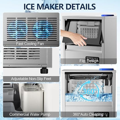 Commercial Ice Maker Machine, 150Lbs/24H with 45Lbs Storage, Fast Ice Making in 8-15Mins, Stainless Steel Under Counter or Freestanding Ice Machine for Home, Party, Office - 2 Water Inlet Modes