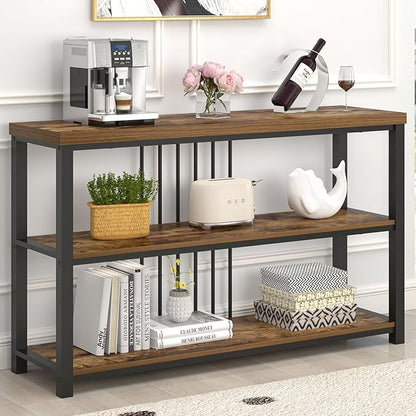 FOLUBAN Industrial Console Table, 3 Tier Entryway Table, Sofa Foyer Table for Living Room Hallway Behind Couch, Rustic Brown