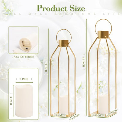 HPC Decor Modern Farmhouse Lantern - 22'' 19'' Large Tall Gold Metal Candle Lanterns with Timer Flickering Candles for Living Room, Outdoor, Fireplace Mantle Decor