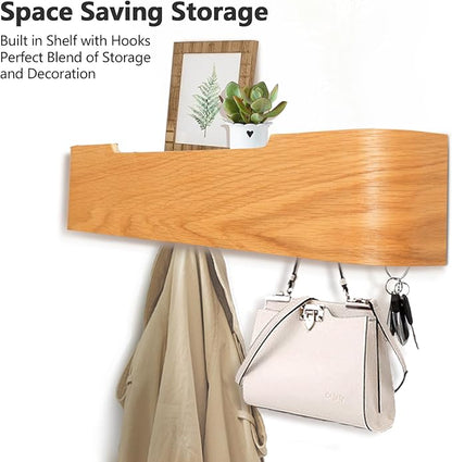 Coat Rack Wall Mount with Hidden Hooks Entryway Hanging Shelf Modern Wood Coat Hanger for Bedroom Kitchen Hallway Bathroom (Oak, 20.9 Inch Long)