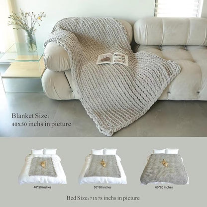 Maetoow Tighter Version Chenille Chunky Knit Blanket Throw （40×50 Inch）, Handmade Warm & Cozy Blanket Couch, Bed, Home Decor, Soft Fleece Banket, Boho Thick Blankets and Giant Yarn Throws，Light Grey