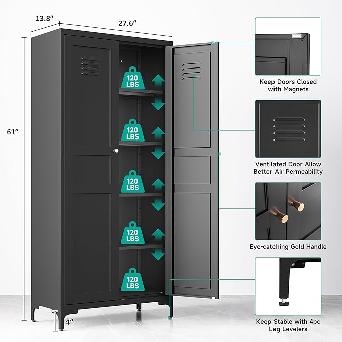 Metal Storage Cabinet with Doors and Shelves,Black Storage Cabinet with Leg,Metal Pantry Cabinets,Ventilated Pantry Closet,Tall Large Cupboard for Home,Kitchen,Dining/Living/Laundry Room