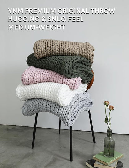 YnM Chunky Throw Blanket, Medium-Weight, Hand Knitted, Skin Friendly, Ventilated and Breathable, Machine Washable, Home Décor Piece for Couch, Sofa and Bed (White, 50x70 Inch)