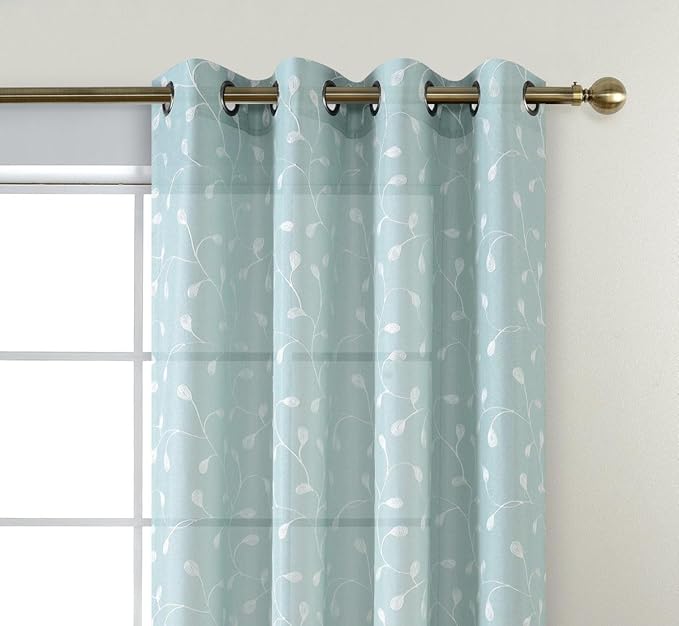 MIUCO Floral Embroidered Semi Sheer Curtains Faux Linen Grommet Window Panel Pair for Kitchen 52 x 63 Inch, Subtle Green