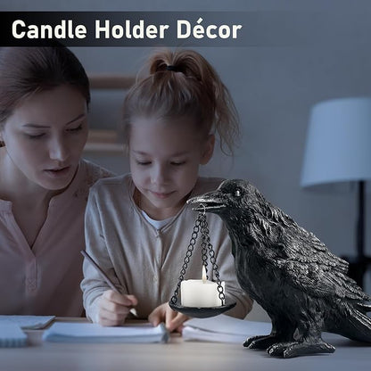 Raven Gothic Home Decor Fake Crow Light Holder Raven Lamp Tealight Candle Holder Resin Raven Statue Wearing Silver