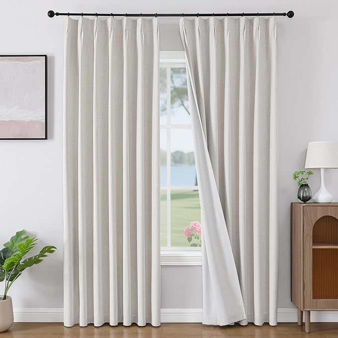 Joydeco Pinch Pleated Linen Curtains for Living Room, 100% Blackout Curtains 84 inches Long 2 Panel Thermal Insulated Pinch Pleat Drapes(Ivory,40'' Wx84'' L)