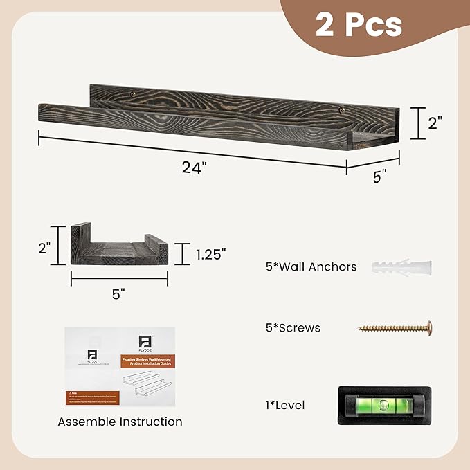 24 Inches Floating Shelves for Wall, Solid Pine Wood Picture Ledge Shelves, Wall Shelves with Lips, Nursery Book Shelves for Toys Storage Living Room Bedroom Photo Frames (2 Pcs, Grey)