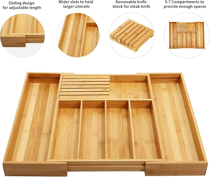 VaeFae Bamboo Silverware Drawer Organizer Kitchen, Expandable Utensil Organizer with Knife Block, Cutlery Tray with Divider, Multifunctional Wooden Drawer Organizer