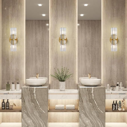 Gold Crystal Wall Sconces Set of Two, Wall Sconce Set of 2, Brass Sconces Wall Lighting with K9 Crystal Lampshade, Wall Lights for Bedroom Living Room Bathroom Hallway
