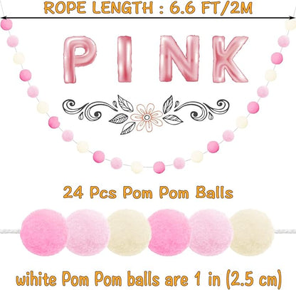 Jishi 3-Pack Pom Pom Garland Pink Felt Ball Ornament Garland Christmas Decorations, Cute Pompom Strings for Christmas Tree Decor, Xmas Holiday Party, Birthday Banner - 6.6 Feet Long, 24 Balls 25mm