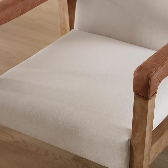 Mid Century Modern Dining Chairs Set of 6 Linen Fabric Upholstered Living Room Side Chair, Kitchen Arm Chair with Solid Wood Legs for Home Kitchen & Restaurant, Linen White