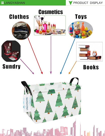 LANGYASHAN Rectangular Storage Bin Collapse Canvas Fabric Cartoon Storage Basket with Handles for Organizing Home Kitchen Boys and Girls Toys Office Closet Shelf Baskets (Rec christmas tree)