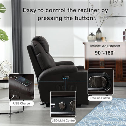 Power Recliner Chair with Heat and Massage, PU Leather Home Theater Seating with LED Lights/Cup Holders/Side Pocket/USB Port, Reclining Sofa Chair for Living Room(3, Brown)