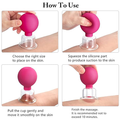 4 Size Facial Cupping Therapy Set Glass, Eye Face Vacuum Massage Anti Cellulite Cup - Silicone, for Beauty Body Cup Lymphatic Fascia Massager (Gift Box Packaging-red)
