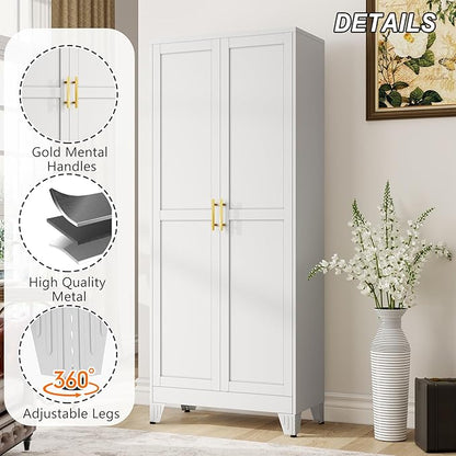 Metal Pantry Cabinet with 2 Doors and Adjustable Shelves - 71" Kitchen Storage Cabinet with Gold Handles - Versatile Storage for Kitchen, Bathroom, Dining Room, Utility Room - White