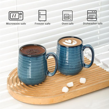 Hasense Porcelain Coffee Mugs Set of 6, 15 Ounce Large Ceramic Coffee Cups Set with Handle for Latte, Tea, Cocoa and Hot Chocolate, Blue Coffee Mugs for Men and Women, Microwave Safe